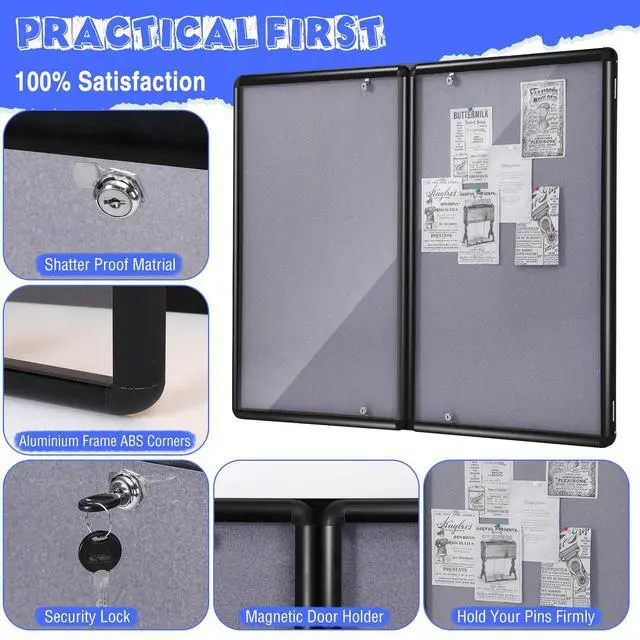 Alt view image 4 of 7 - 48"x36" Lockable Enclosed Bulletin Board with Glass Door, Weather Resistant Cork Notice Board, Wall Mounted Display Case for School Office Community Outdoor, 12xA4(Gray, Black Frame)