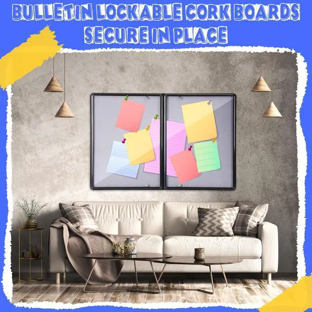 Alt view image 6 of 7 - 48"x36" Lockable Enclosed Bulletin Board with Glass Door, Weather Resistant Cork Notice Board, Wall Mounted Display Case for School Office Community Outdoor, 12xA4(Gray, Black Frame)