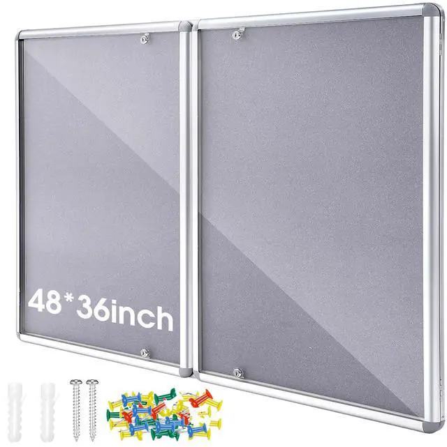 Main image of 48"x36" Lockable Enclosed Bulletin Board with Glass Door, Weather Resistant Cork Notice Board, Wall Mounted Display Case for School Office Community Outdoor, 12xA4(Gray, Silver Frame)