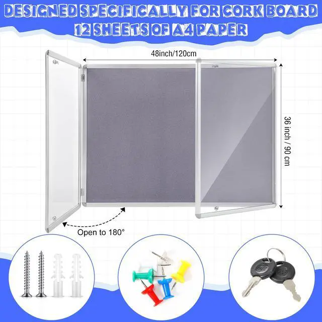 Alt view image 2 of 6 - 48"x36" Lockable Enclosed Bulletin Board with Glass Door, Weather Resistant Cork Notice Board, Wall Mounted Display Case for School Office Community Outdoor, 12xA4(Gray, Silver Frame)