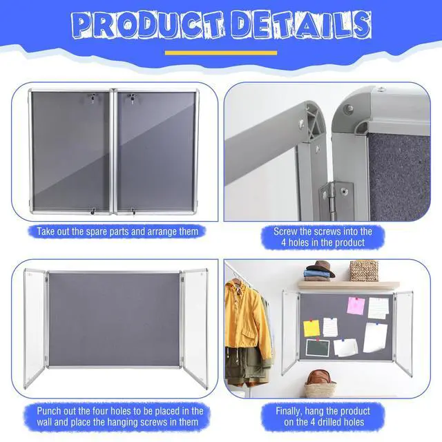 Alt view image 3 of 6 - 48"x36" Lockable Enclosed Bulletin Board with Glass Door, Weather Resistant Cork Notice Board, Wall Mounted Display Case for School Office Community Outdoor, 12xA4(Gray, Silver Frame)