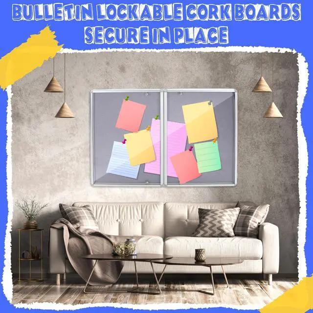 Alt view image 4 of 6 - 48"x36" Lockable Enclosed Bulletin Board with Glass Door, Weather Resistant Cork Notice Board, Wall Mounted Display Case for School Office Community Outdoor, 12xA4(Gray, Silver Frame)