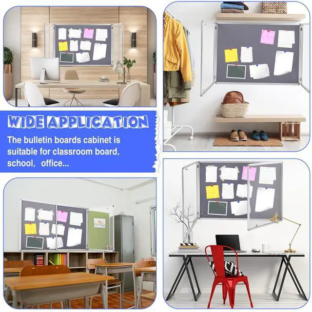 Alt view image 6 of 6 - 48"x36" Lockable Enclosed Bulletin Board with Glass Door, Weather Resistant Cork Notice Board, Wall Mounted Display Case for School Office Community Outdoor, 12xA4(Gray, Silver Frame)