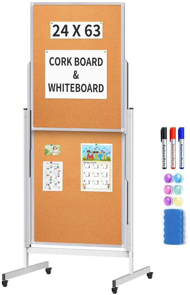 Main image of 24x63 Mobile Corkboard and Whiteboard Double Sided Height Adjustable | Large Magnetic Mobile Dry Erase Board with Stand, Portable 4 Writing Surfaces Board For Office, Classroom And Home School Use