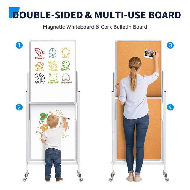 Alt view image 2 of 7 - 24x63 Mobile Corkboard and Whiteboard Double Sided Height Adjustable | Large Magnetic Mobile Dry Erase Board with Stand, Portable 4 Writing Surfaces Board For Office, Classroom And Home School Use