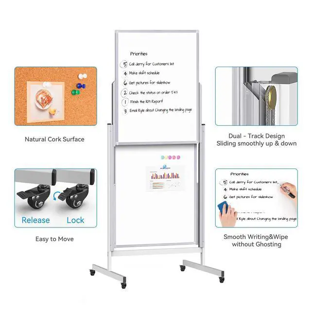 Alt view image 5 of 7 - 24x63 Mobile Corkboard and Whiteboard Double Sided Height Adjustable | Large Magnetic Mobile Dry Erase Board with Stand, Portable 4 Writing Surfaces Board For Office, Classroom And Home School Use
