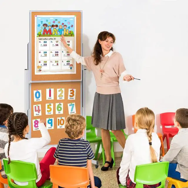 Alt view image 6 of 7 - 24x63 Mobile Corkboard and Whiteboard Double Sided Height Adjustable | Large Magnetic Mobile Dry Erase Board with Stand, Portable 4 Writing Surfaces Board For Office, Classroom And Home School Use