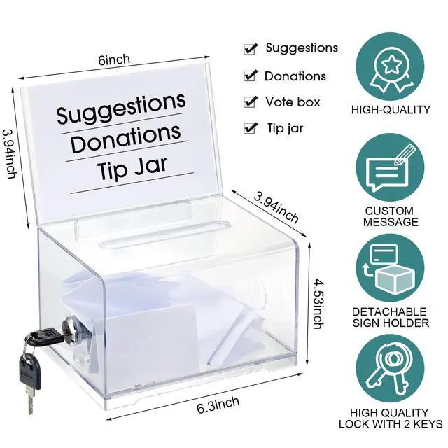 Alt view image 4 of 7 - 15 Pcs Acrylic Donation Box with Lock and Sign Holder Clear Ballot Donation Boxes with Slot for Fundraising Suggestion Box Storage Container for Voting, Raffle Bowl, Tip Jar