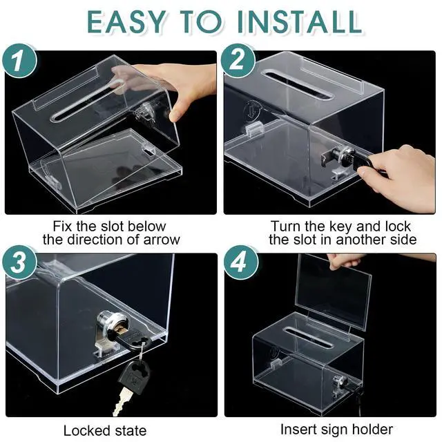 Alt view image 3 of 7 - 15 Pcs Acrylic Donation Box with Lock and Sign Holder Clear Ballot Donation Boxes with Slot for Fundraising Suggestion Box Storage Container for Voting, Raffle Bowl, Tip Jar
