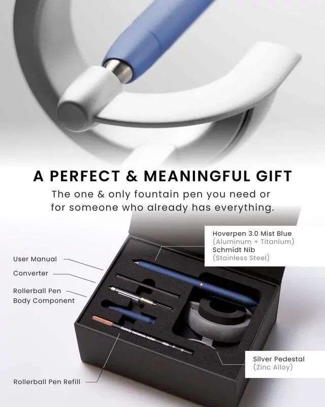 Alt view image 5 of 6 - Hoverpen Future - Luxury Fountain Pen & Rollerball Pen All-In Gift Box, Schmidt Nib (Fine), Converter, Extra Refill, Aerospace Metal, Best Pen Gift Set for Men & Women (Mist Blue)