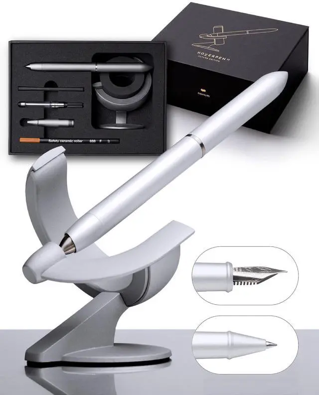 Main image of Hoverpen Future - Luxury Fountain Pen & Rollerball Pen All-In Gift Box, Schmidt Nib (Fine), Converter, Extra Refill, Aerospace Metal, Best Pen Gift Set for Men & Women (Frost Silver)