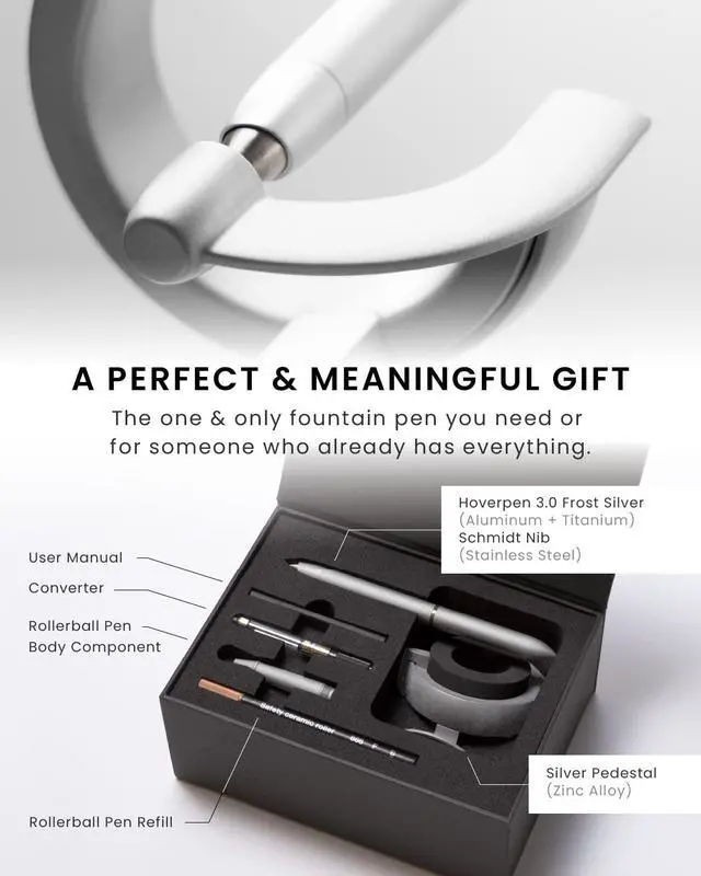 Alt view image 5 of 6 - Hoverpen Future - Luxury Fountain Pen & Rollerball Pen All-In Gift Box, Schmidt Nib (Fine), Converter, Extra Refill, Aerospace Metal, Best Pen Gift Set for Men & Women (Frost Silver)