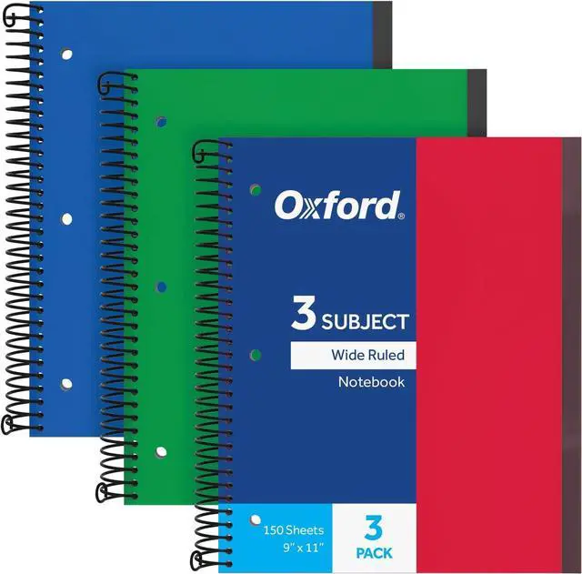 Main image of Spiral Notebook 24 Pack, 3 Subject, Wide Rule, Durable Plastic Covers, Strong Coil, 3 Durable Pockets, 8.5 x 11, 150 Sheets, Red, Green, Blue (89804)