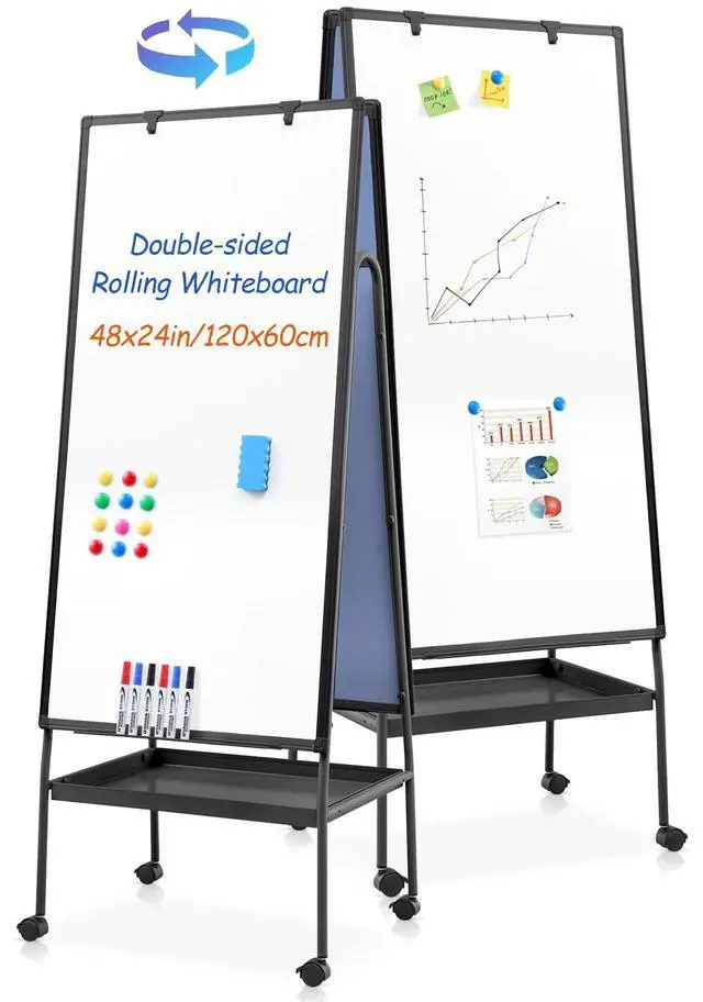 Main image of Rolling Whiteboard 48 x 24 in, Large Whiteboard on Wheels | 4'x2', Double Sided, Storage Tray, Height Adjustable, Solid, Mobile Whiteboard, Teachers & Students, Classroom, Home, Office