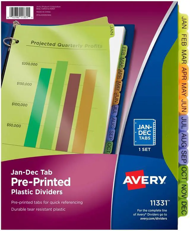 Main image of Pre-Printed Jan-Dec Plastic Dividers for 3 Ring Binders, 12-Tab Sets, Multicolor, 24 Sets, 288 Divider Tabs (11331)