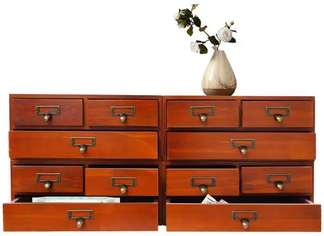 Main image of Wooden Desktop Organizer, 3 Tier Tabletop Storage Cabinet with 12 Drawers Composable Four-Piece Set & Metal Handles Modular Stackable Desktop Apothecary Cabinet for Home Offices Schools (Brown)