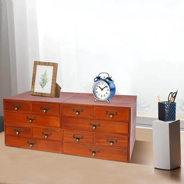 Alt view image 3 of 7 - Wooden Desktop Organizer, 3 Tier Tabletop Storage Cabinet with 12 Drawers Composable Four-Piece Set & Metal Handles Modular Stackable Desktop Apothecary Cabinet for Home Offices Schools (Brown)