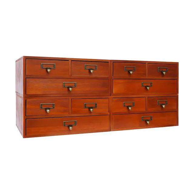 Alt view image 4 of 7 - Wooden Desktop Organizer, 3 Tier Tabletop Storage Cabinet with 12 Drawers Composable Four-Piece Set & Metal Handles Modular Stackable Desktop Apothecary Cabinet for Home Offices Schools (Brown)