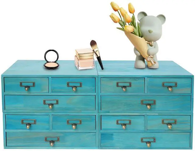 Main image of Wooden Desktop Organizer, 3 Tier Tabletop Storage Cabinet with 12 Drawers Composable Four-Piece Set & Metal Handles Modular Stackable Desktop Apothecary Cabinet for Home Offices Schools (Blue)