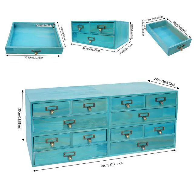 Alt view image 2 of 7 - Wooden Desktop Organizer, 3 Tier Tabletop Storage Cabinet with 12 Drawers Composable Four-Piece Set & Metal Handles Modular Stackable Desktop Apothecary Cabinet for Home Offices Schools (Blue)
