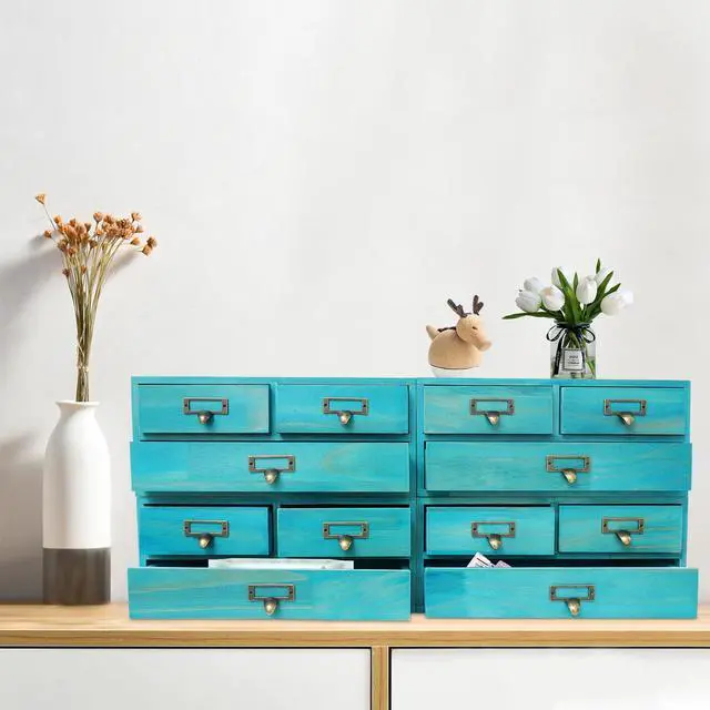 Alt view image 3 of 7 - Wooden Desktop Organizer, 3 Tier Tabletop Storage Cabinet with 12 Drawers Composable Four-Piece Set & Metal Handles Modular Stackable Desktop Apothecary Cabinet for Home Offices Schools (Blue)