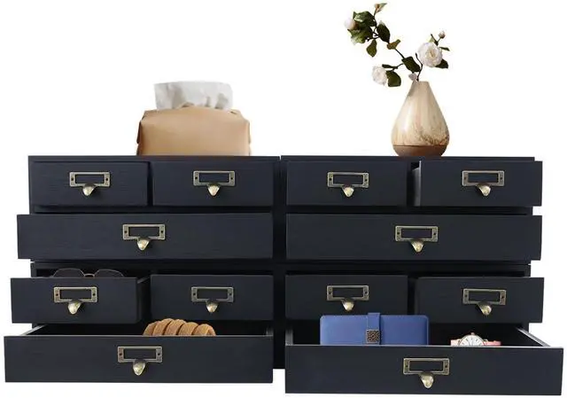 Main image of Wooden Desktop Organizer, 3 Tier Tabletop Storage Cabinet with 12 Drawers Composable Four-Piece Set & Metal Handles Modular Stackable Desktop Apothecary Cabinet for Home Offices Schools (Black)