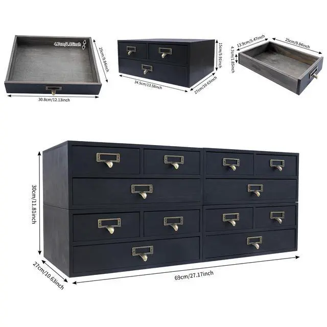 Alt view image 2 of 7 - Wooden Desktop Organizer, 3 Tier Tabletop Storage Cabinet with 12 Drawers Composable Four-Piece Set & Metal Handles Modular Stackable Desktop Apothecary Cabinet for Home Offices Schools (Black)