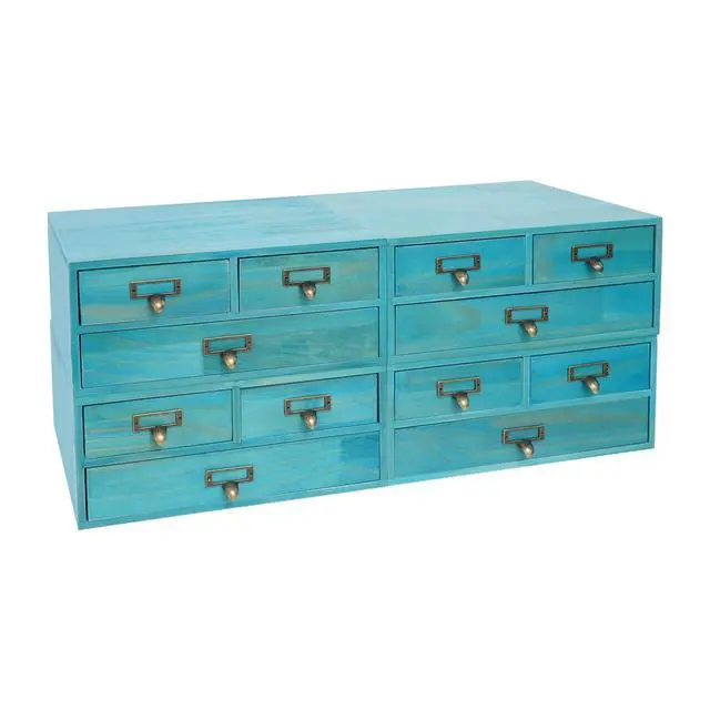 Alt view image 4 of 7 - Wooden Desktop Organizer, 3 Tier Tabletop Storage Cabinet with 12 Drawers Composable Four-Piece Set & Metal Handles Modular Stackable Desktop Apothecary Cabinet for Home Offices Schools (Blue)