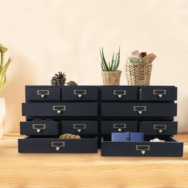 Alt view image 3 of 7 - Wooden Desktop Organizer, 3 Tier Tabletop Storage Cabinet with 12 Drawers Composable Four-Piece Set & Metal Handles Modular Stackable Desktop Apothecary Cabinet for Home Offices Schools (Black)