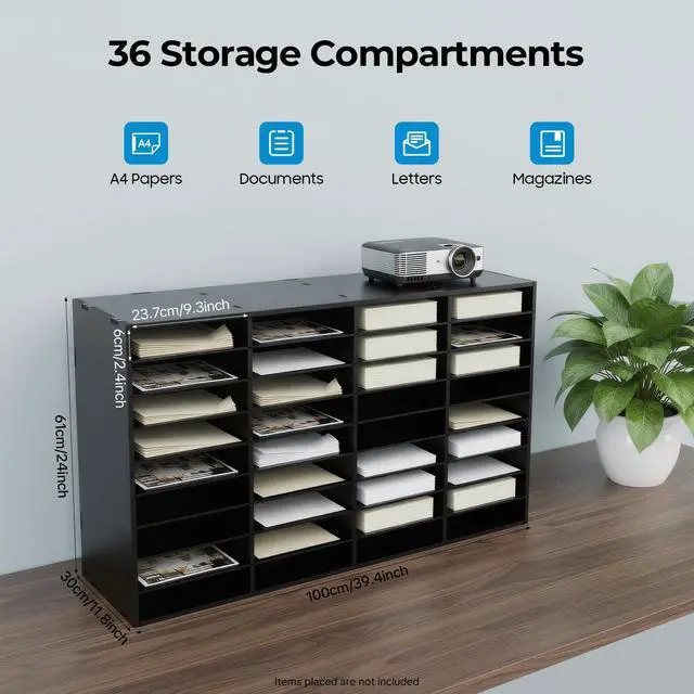 Alt view image 2 of 7 - Literature Organizer 36 Slots Desk File Literature Sorter Mailbox Sorter Paper and Mail Organizer Desktop Paper Storage Holder for Home, Office and Classroom (39.4 * 11.8 * 24in, Black)