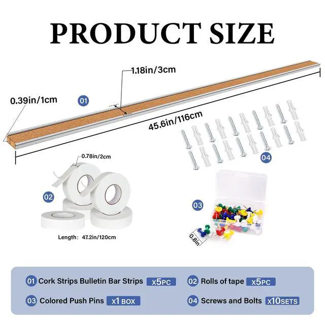 Alt view image 2 of 7 - 5 PCS 45.6 * 1.18 Inch Cork Board Strips for Walls Aluminum Trim Tack Bulletin Board Strips Cork Strips Bulletin Bar Strips with Accessories for Classroom Office Home Decor