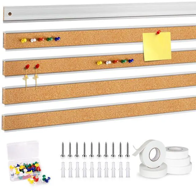 Main image of 5 PCS 45.6 * 1.18 Inch Cork Board Strips for Walls Aluminum Trim Tack Bulletin Board Strips Cork Strips Bulletin Bar Strips with Accessories for Classroom Office Home Decor