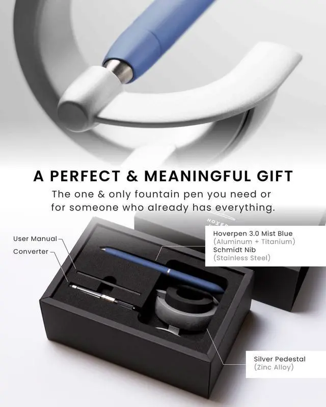 Alt view image 5 of 6 - Hoverpen Future - Luxury Fountain Pen, Schmidt Nib (Fine), Converter, Extra Refill, Futuristic Aesthetic, Aerospace Metal, Best Pen Gift Set for Men & Women (Mist Blue)