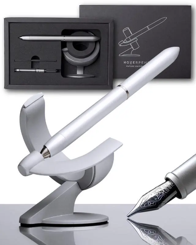 Main image of Hoverpen Future - Luxury Fountain Pen, Schmidt Nib (Fine), Converter, Extra Refill, Futuristic Aesthetic, Aerospace Metal, Best Pen Gift Set for Men & Women (Frost Silver)