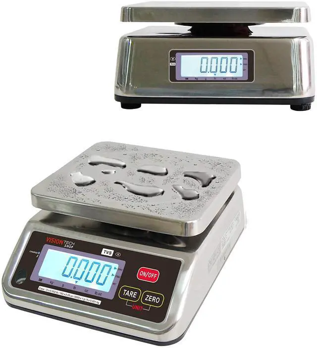 Main image of TVS Portion Control Stainless Steel Washdown Scale, Lb/Oz/Kg/g Switchable, Low Profile Design, 12lb Capacity, 0.002lb Readability, Dual Display, NTEP Legal for Trade, NSF Certified