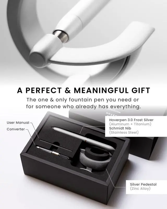 Alt view image 5 of 6 - Hoverpen Future - Luxury Fountain Pen, Schmidt Nib (Fine), Converter, Extra Refill, Futuristic Aesthetic, Aerospace Metal, Best Pen Gift Set for Men & Women (Frost Silver)