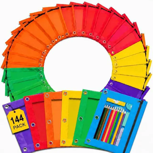 Main image of Pencil Pouch Bulk 144 Pack, Pencil Pouch for 3 Ring Binder, Pencil Bags | Binder Pencil Pouch, Zipper Pencil Pouch with Clear Window, 3 Hole Fabric Pencil Pouches Bulk for Classroom, School & Office