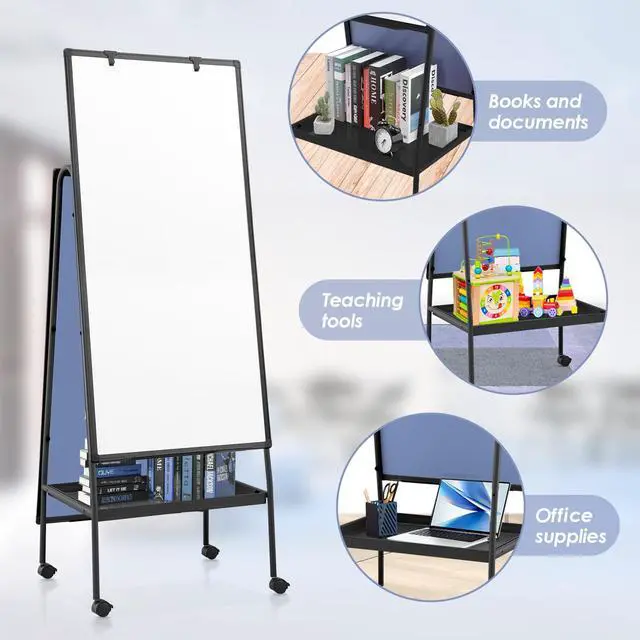 Alt view image 4 of 7 - Rolling Whiteboard 48 x 24 in, Large Whiteboard on Wheels | 4'x2', Double Sided, Storage Tray, Height Adjustable, Solid, Mobile Whiteboard, Teachers & Students, Classroom, Home, Office