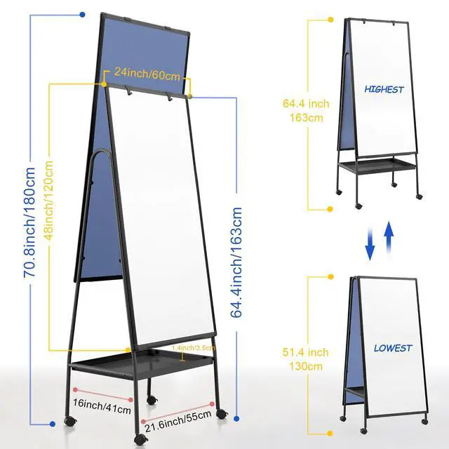 Alt view image 2 of 7 - Rolling Whiteboard 48 x 24 in, Large Whiteboard on Wheels | 4'x2', Double Sided, Storage Tray, Height Adjustable, Solid, Mobile Whiteboard, Teachers & Students, Classroom, Home, Office