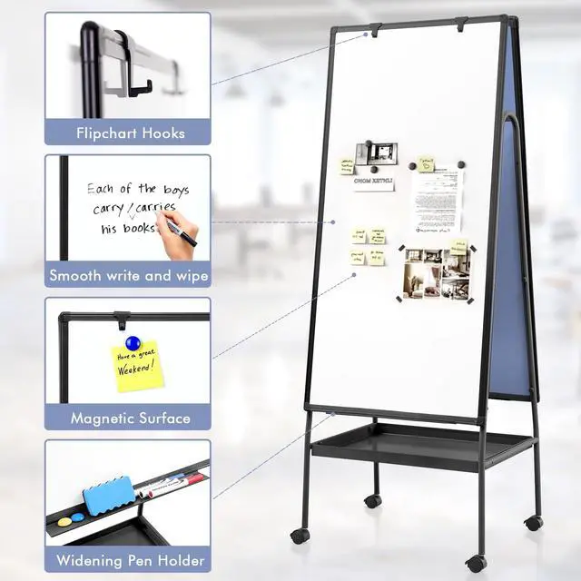 Alt view image 3 of 7 - Rolling Whiteboard 48 x 24 in, Large Whiteboard on Wheels | 4'x2', Double Sided, Storage Tray, Height Adjustable, Solid, Mobile Whiteboard, Teachers & Students, Classroom, Home, Office