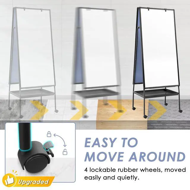 Alt view image 5 of 7 - Rolling Whiteboard 48 x 24 in, Large Whiteboard on Wheels | 4'x2', Double Sided, Storage Tray, Height Adjustable, Solid, Mobile Whiteboard, Teachers & Students, Classroom, Home, Office