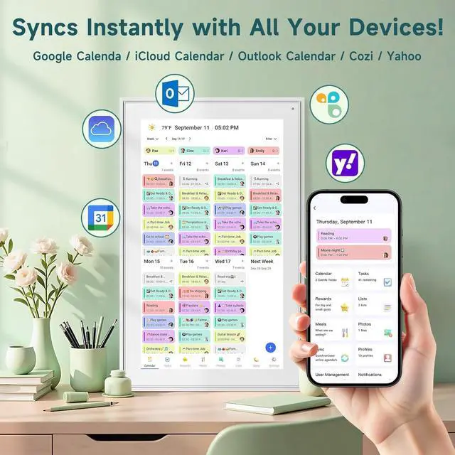 Alt view image 6 of 7 - 15-inch Wall Planner Digital Calendar & Chore Chart, Smart Touchscreen Interactive Display for Family Schedules Wall Mount Included, Great for Organizing Your 2026 Calendar