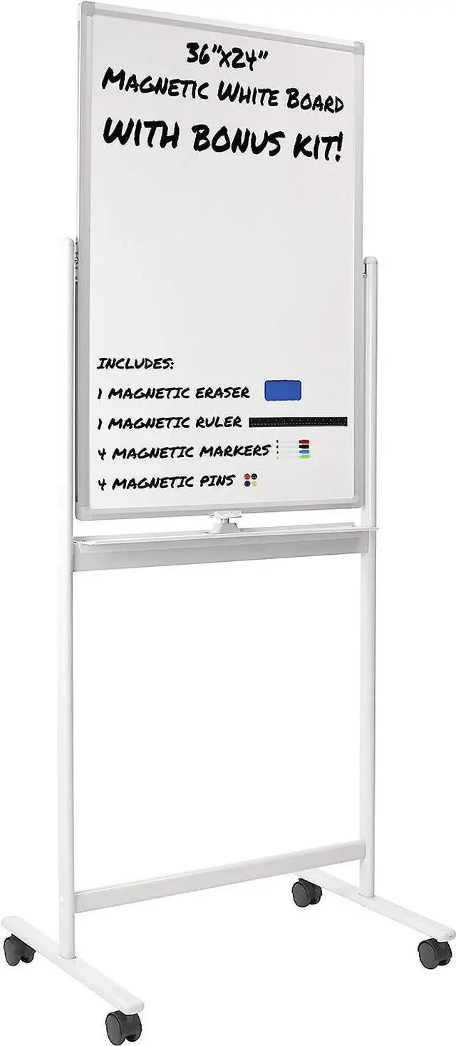 Main image of Mobile Dry Erase Whiteboard - Rolling White Board with Casters and Stand, 36x24 Inches Reversible Double-Sided Dry Erase Board, Wall Mountable Magnetic Easel with Locking Caster Wheels