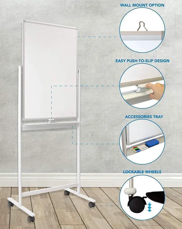 Alt view image 2 of 7 - Mobile Dry Erase Whiteboard - Rolling White Board with Casters and Stand, 36x24 Inches Reversible Double-Sided Dry Erase Board, Wall Mountable Magnetic Easel with Locking Caster Wheels