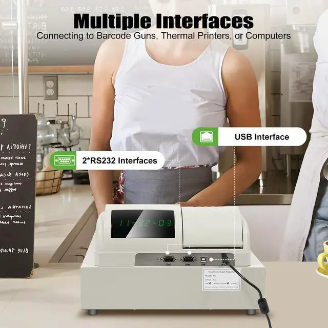 Alt view image 5 of 7 - Digital Cash Register, 110-240V 48 Keys Cash Box 8-Digit LED Screen Money Registers Cash Machine Cash Register Drawer with Multiple Payment Methods & Interfaces for Stores, Restaurants