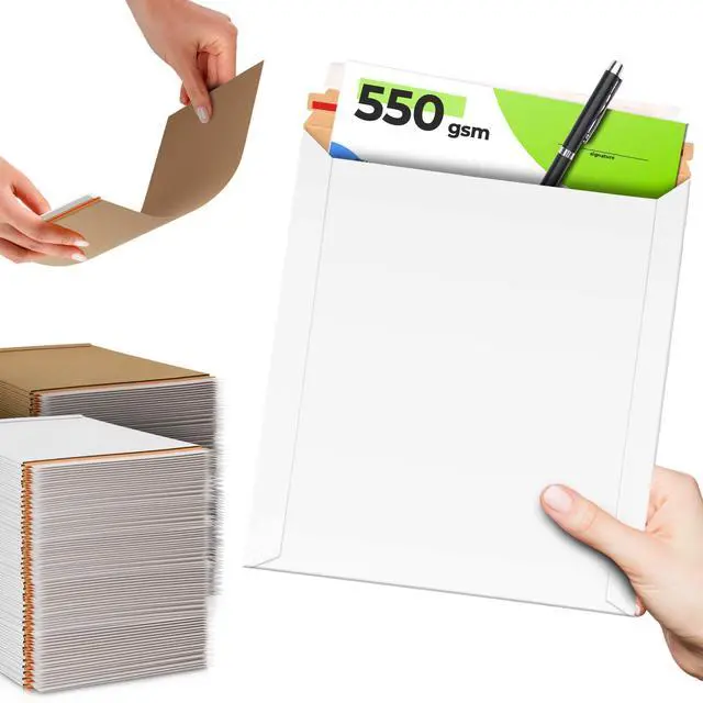 Main image of Rigid Mailers with Self-Seal, White 12.5 x 9.5 Inches, 100 Pack, 550 GSM Thick Paperboard Envelopes for Documents, Photos, CDs