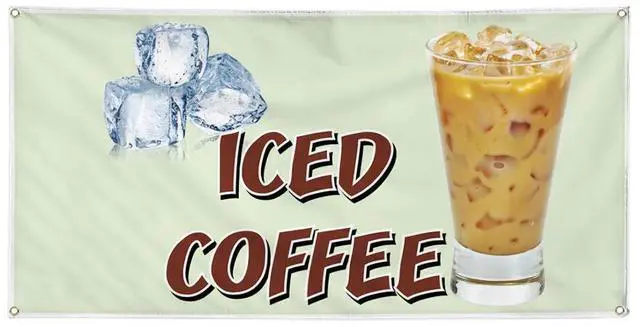 Main image of Vinyl Banner Multiple Sizes Iced Coffee Restaurant Cafe Bar D Restaurant & Food Outdoor Weatherproof Industrial Yard Signs White 10 Grommets 60x144Inches