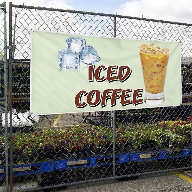 Alt view image 4 of 6 - Vinyl Banner Multiple Sizes Iced Coffee Restaurant Cafe Bar D Restaurant & Food Outdoor Weatherproof Industrial Yard Signs White 10 Grommets 60x144Inches