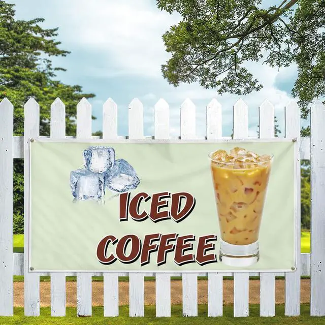 Alt view image 5 of 6 - Vinyl Banner Multiple Sizes Iced Coffee Restaurant Cafe Bar D Restaurant & Food Outdoor Weatherproof Industrial Yard Signs White 10 Grommets 60x144Inches