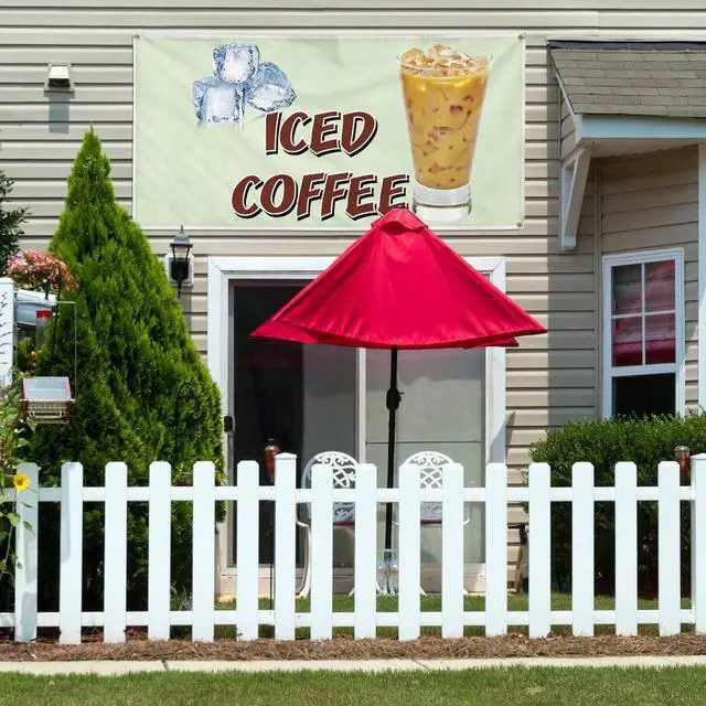 Alt view image 3 of 6 - Vinyl Banner Multiple Sizes Iced Coffee Restaurant Cafe Bar D Restaurant & Food Outdoor Weatherproof Industrial Yard Signs White 10 Grommets 60x144Inches